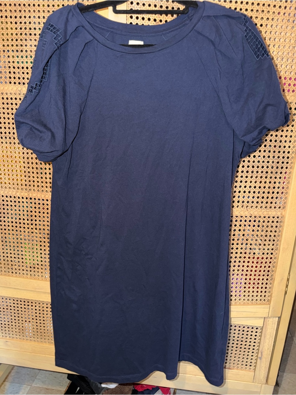 Nic + Zoe Dress Women's Large Navy Blue Shift Puff Sleeve Eyelet Causal Boho Tee